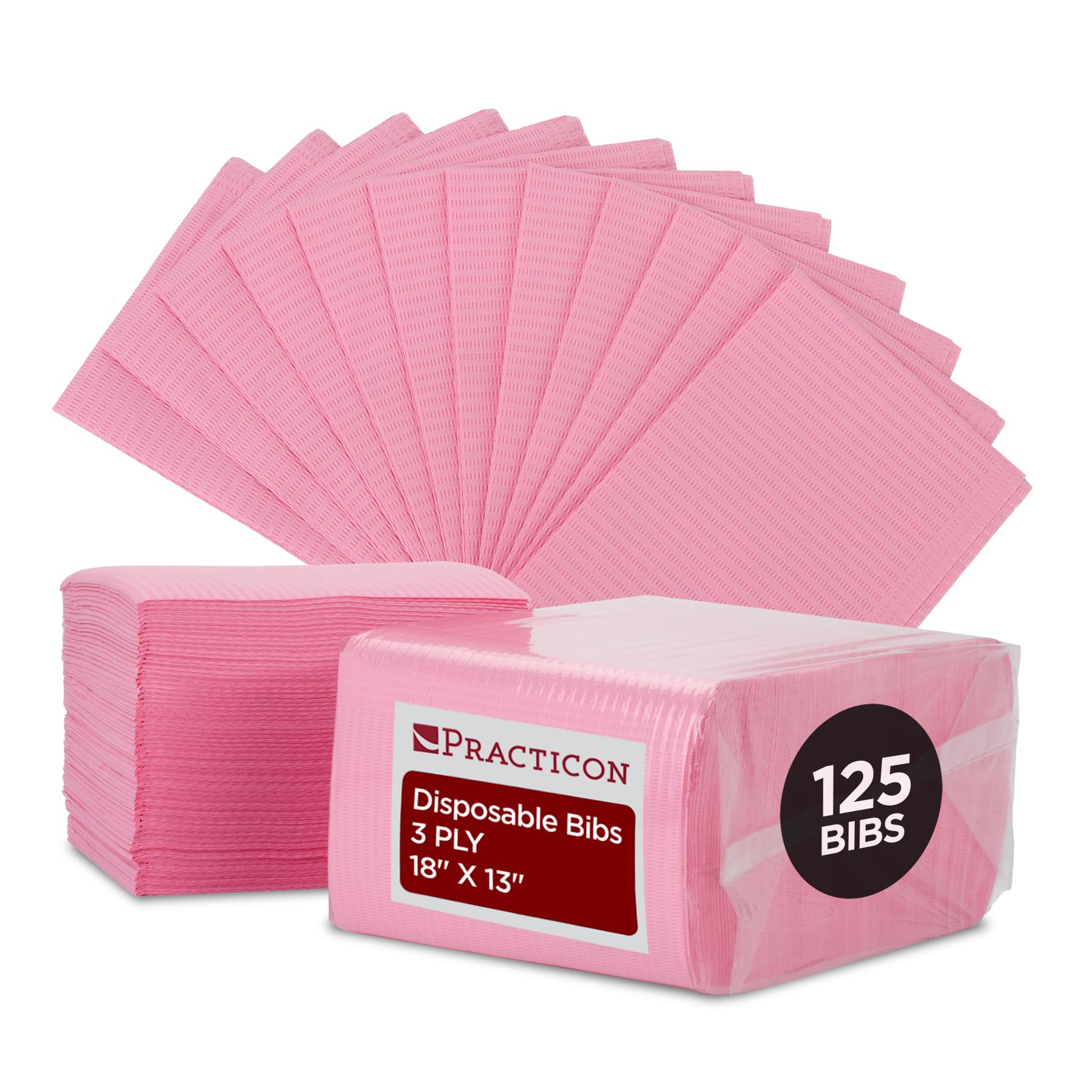 Practicon 125 Pack Pink Disposable Patient Bibs, 18" x 13", 3 Ply Waterproof Paper Bib Sheet with Poly Back, Dental, Medical, Tattoo, Nail Tray or Table Cover, 125 Pack
