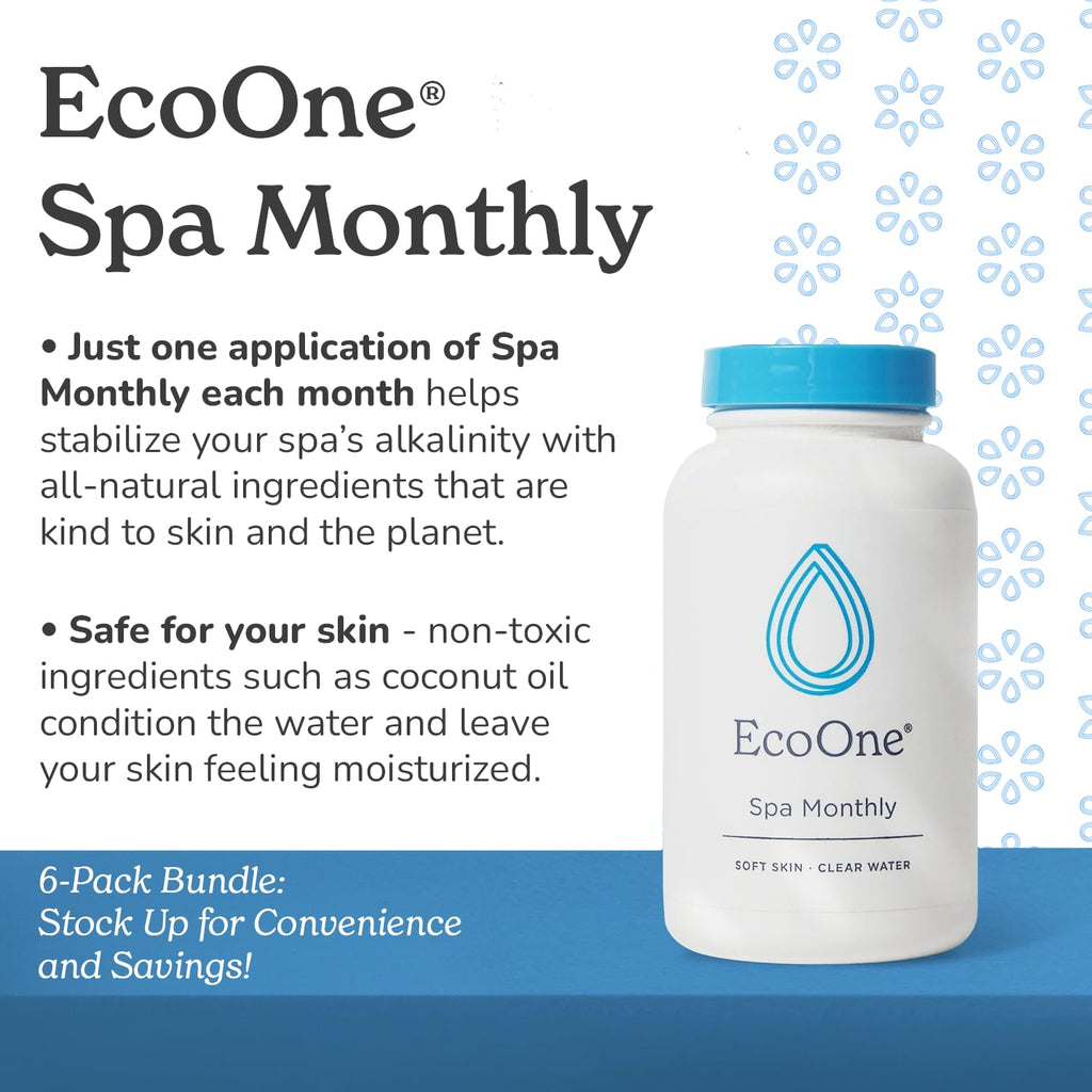 EcoOne Spa Monthly | Gentle All-Natural Spa Treatment | Conditioning Hot Tub, Pool, & Spa Cleaner | Above, In-Ground, or Inflatable Hot Tub Cleaner Stabilizes pH & Alkalinity, 8 Oz, (6-Pack)