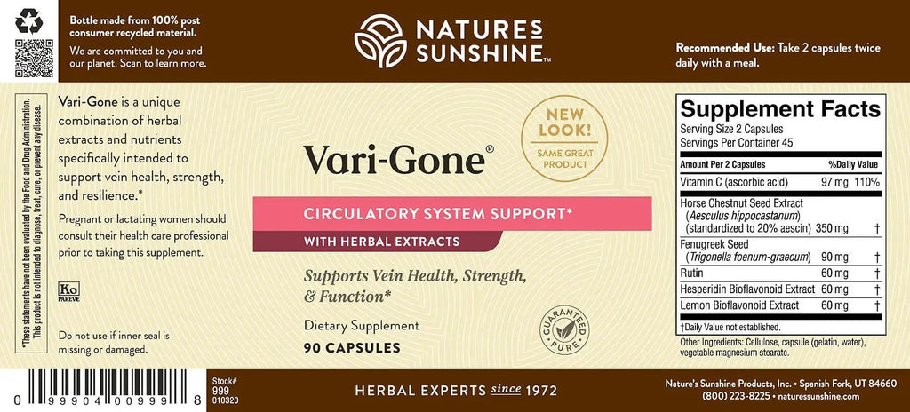 Nature's Sunshine Vari-Gone, 90 Capsules, Varicose Vein Supplements with 7 Powerful Herbs and Nutrients That Support Circulation for Vein Health, Strength, and Function