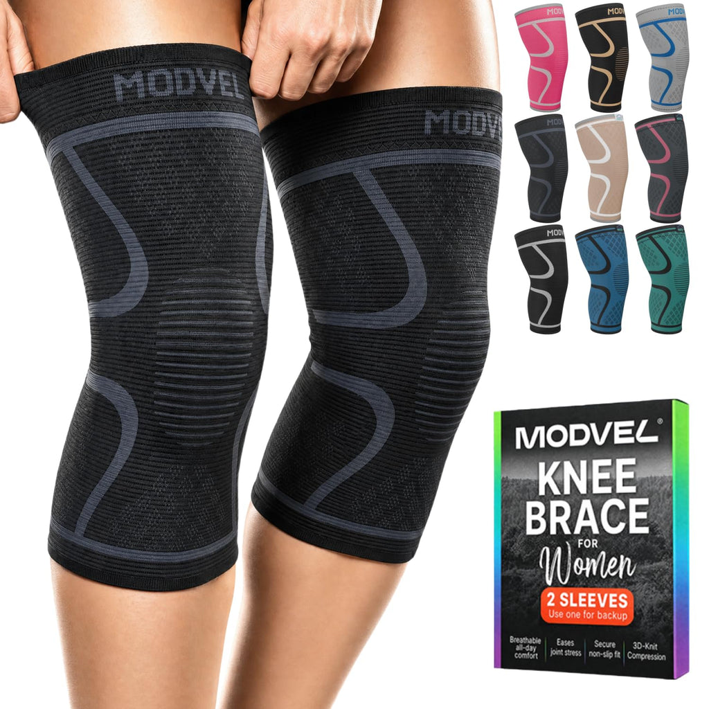 Modvel 2 Pack Knee Brace for Women - Knee Support for Walking, Knee Compression Sleeves for Pain Relief, Knee Sleeves for Women, Knee Brace for Sports, Workouts & Arthritis