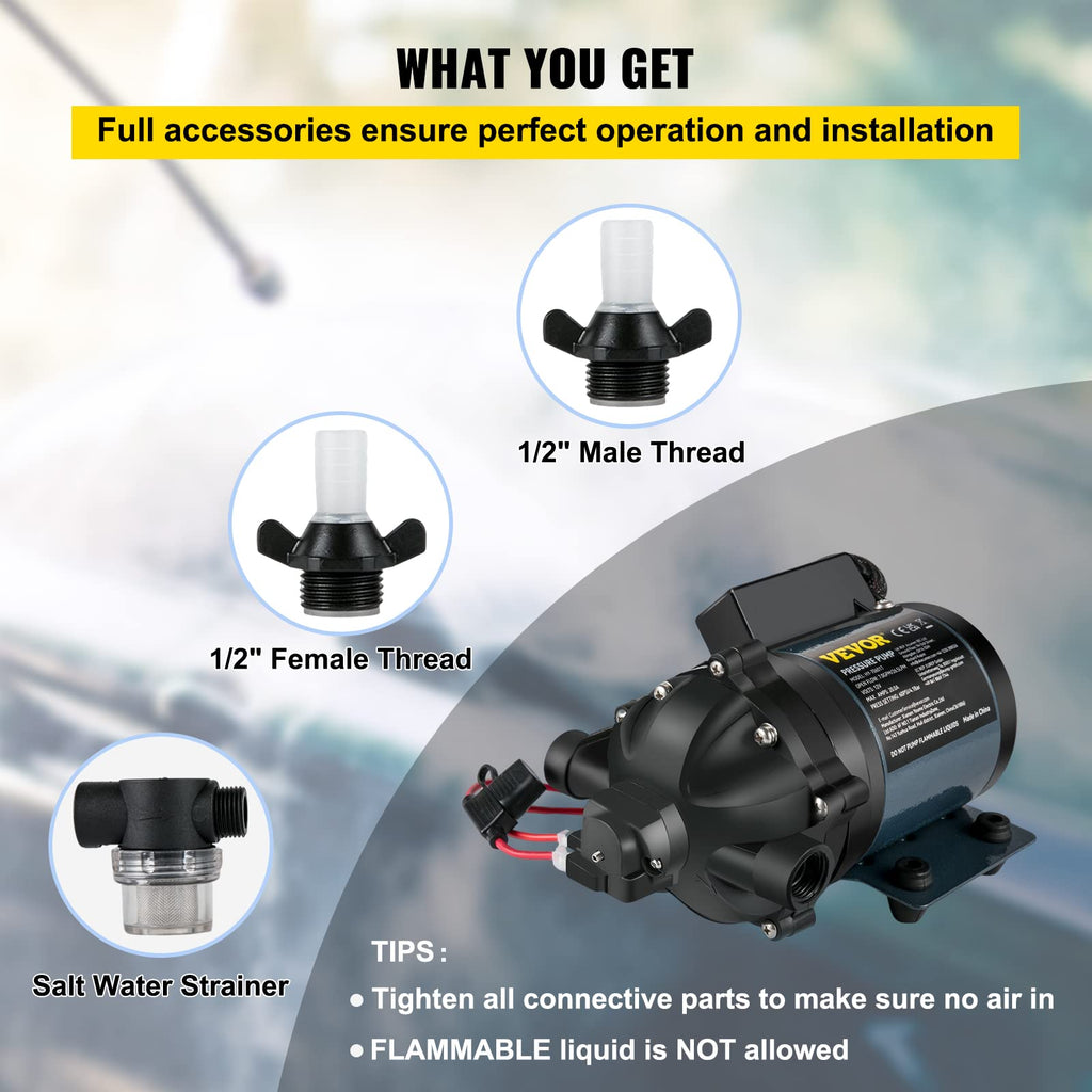 VEVOR Washdown Pump, 12V DC, 7 GPM 60 PSI, Max. 10 FT Lift Self Priming Water Pump, w/EPDM Valve, Universal Salt Water Strainer & Female/Male Thread, for RV, Marine Deck, Yacht