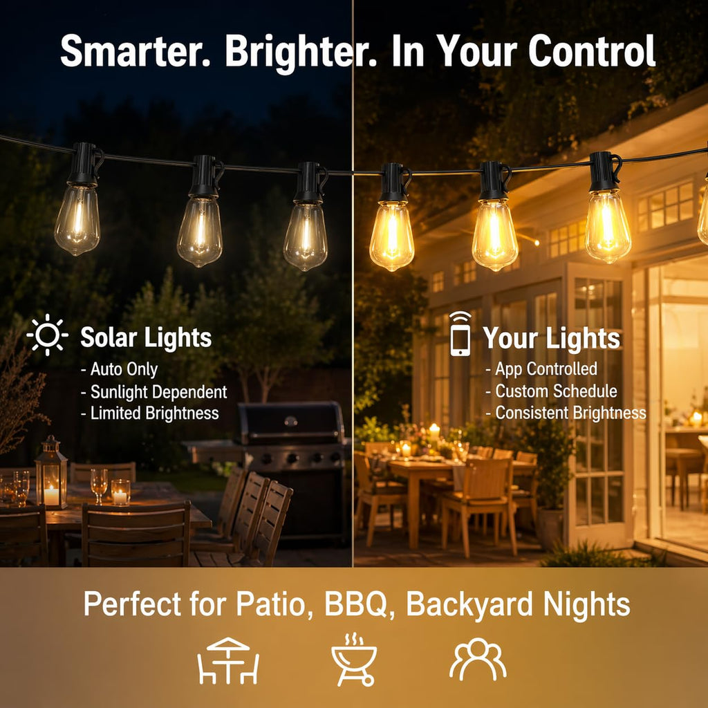 Skoiuc 50ft-LED-Lights-Outdoor-Waterproof-String Lights-Patio-Outside-Porch-Backyard-Garden-Gazebo-Yard-Deck-Balcony-Party-Camping-House-Hanging-Lighting-Bulb-Remote-Bluetooth-Hanging-Edison-ST38