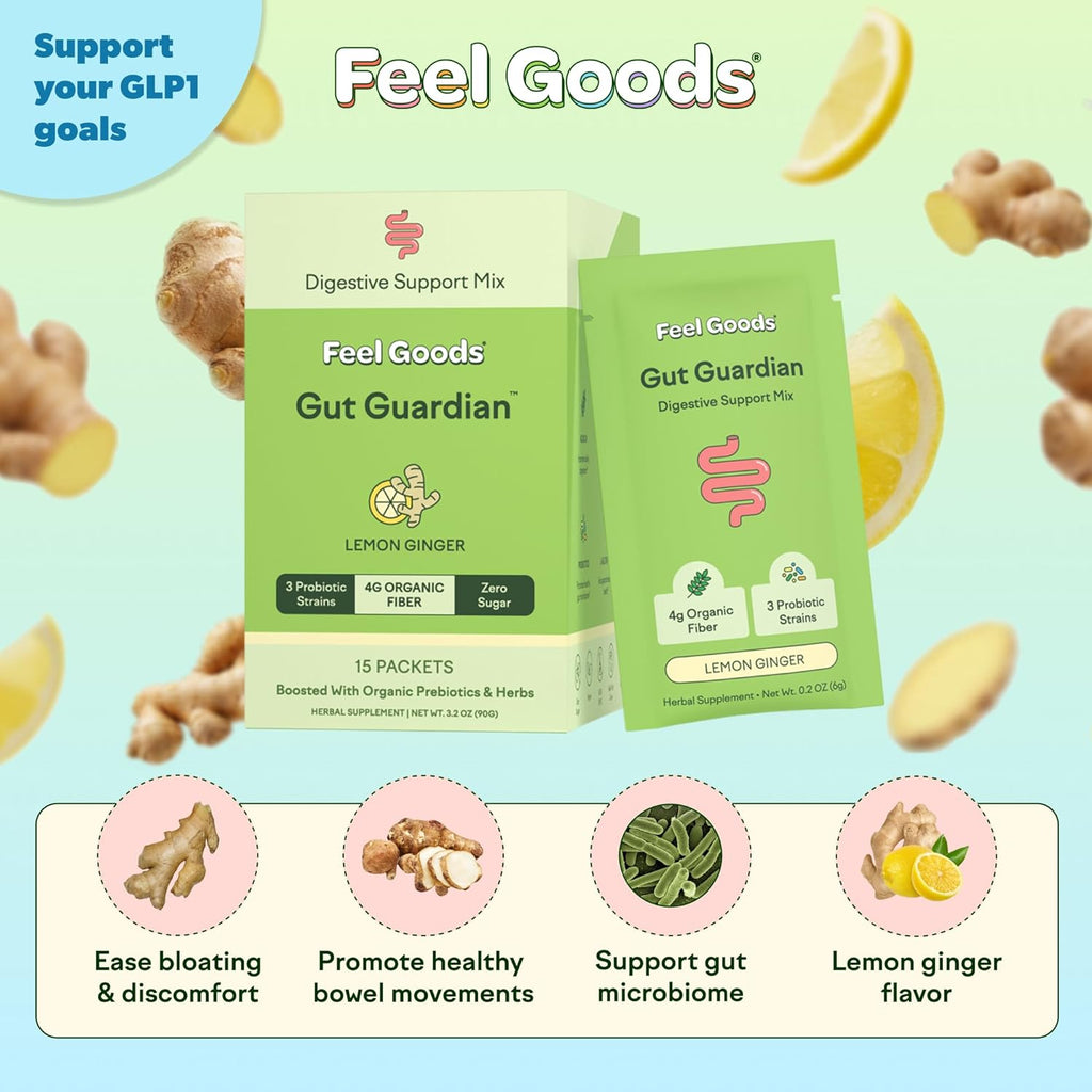 Feel Goods Gut Guardian, Digestive Health Powder Packets - Probiotic Fiber Powder with Prebiotics & L Glutamine for Gut Health, Bloating Relief & Digestion Support - Zero Sugar & Organic Flavor