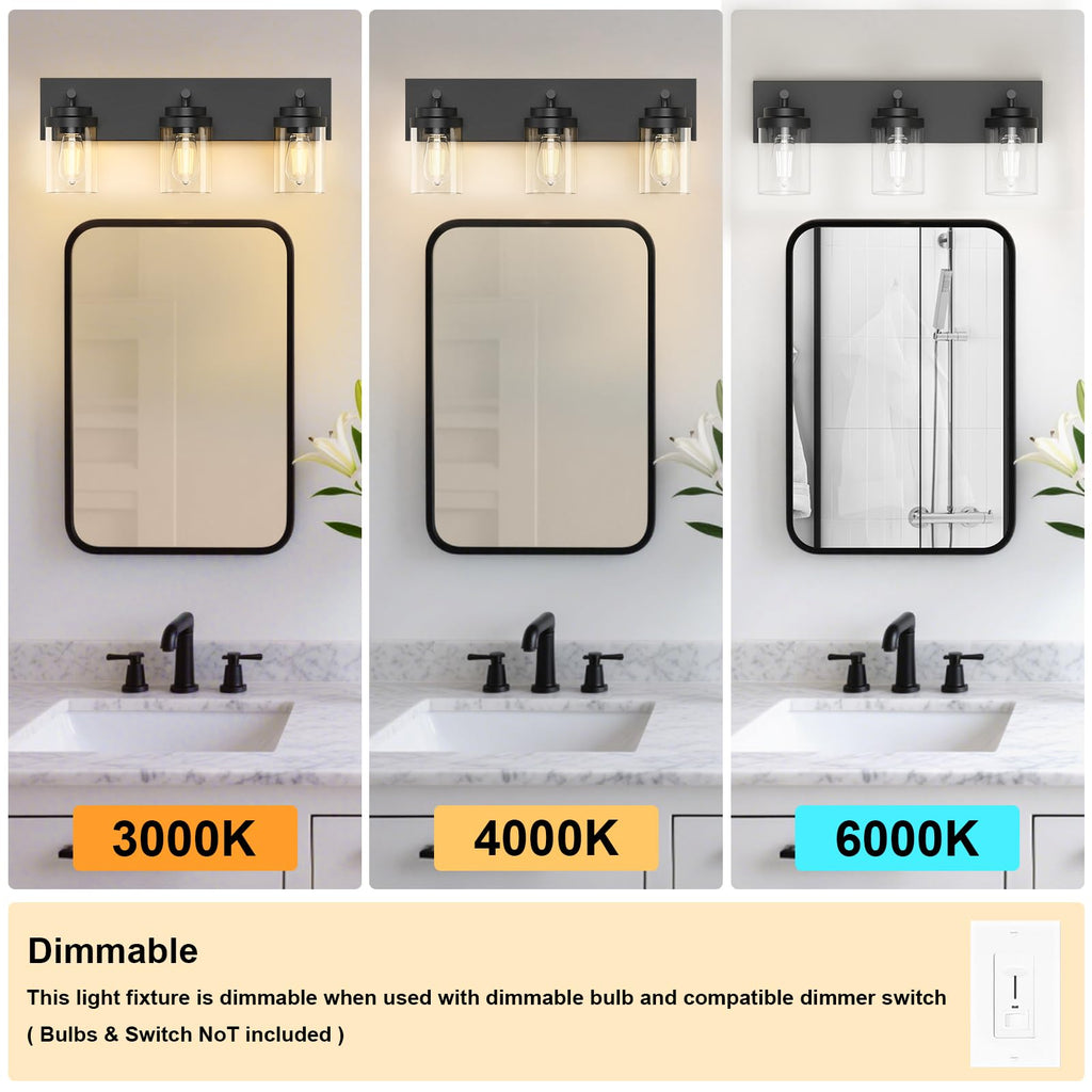 IZORRO Bathroom Vanity Light Fixture, 3-Light 22 Inch Matte Black Bathroom Light Fixtures Over Mirror, with Clear Glass Shade, Modern Farmhouse Vanity Lights, Rustic Restroom Lighting Fixtures