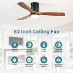 Sofucor 52 Inch Smart Ceiling Fans with Lights-Flush Mount Low Profile Modern Outdoor Solid Wood Ceiling Fans with Alexa/Google Assistant/APP/Remote Control for Bedroom/Farmhouse/Patio, Brown Black
