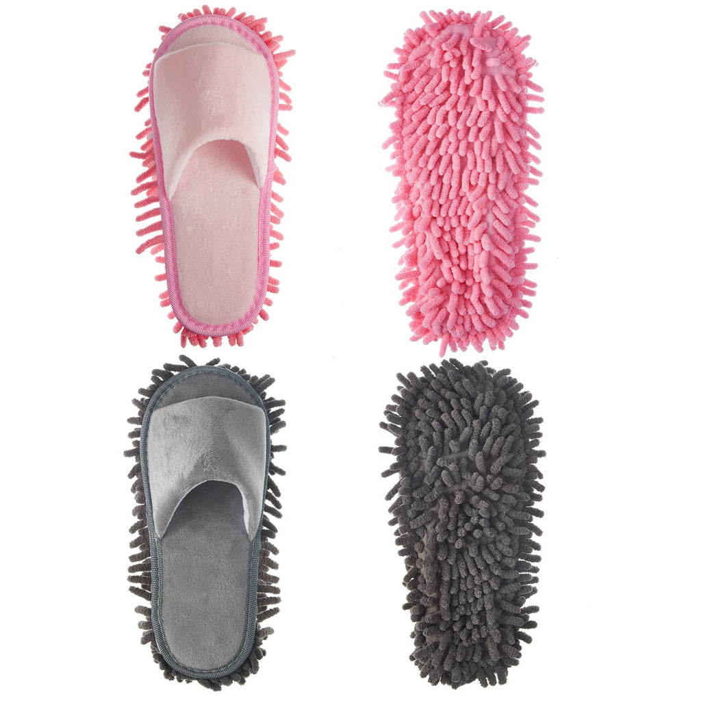 Jecery 2 Pairs Microfiber Cleaning Mop Slippers for Floor Cleaning House Mop Shoes Men and Women Washable Unisex Dusting Slippers Dirt Tool Supplies(Large,Gray, Pink)