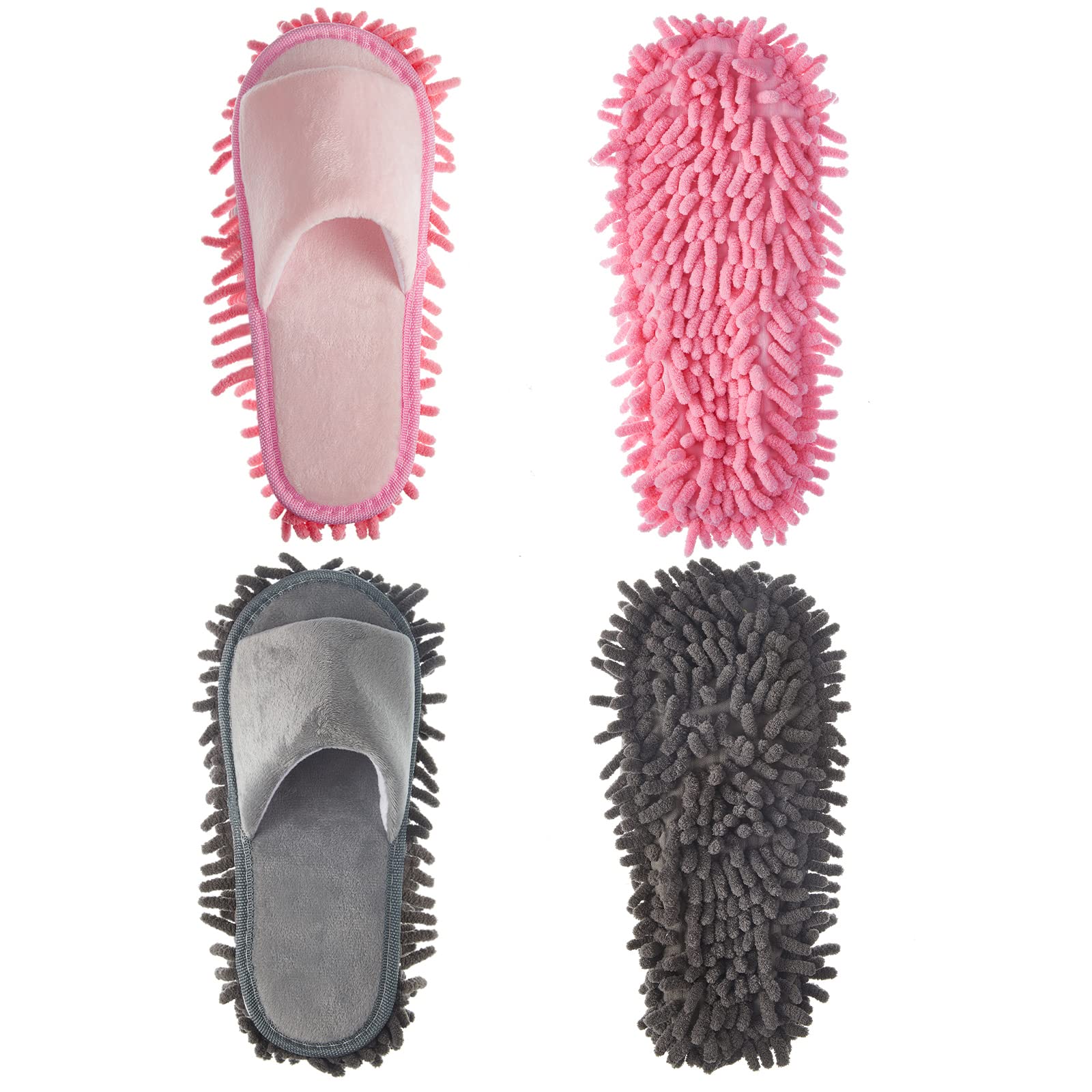 Jecery 2 Pairs Microfiber Cleaning Mop Slippers for Floor Cleaning House Mop Shoes Men and Women Washable Unisex Dusting Slippers Dirt Tool Supplies(Large,Gray, Pink)