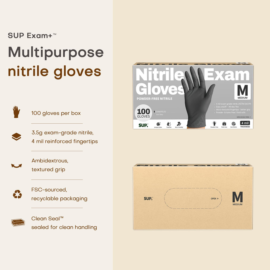 SUP Powder-Free Nitrile Exam Gloves, 100 Count, Food Safe Latex-Free Medical Non-Sterile Cooking Disposable Glove, Black (Medium)