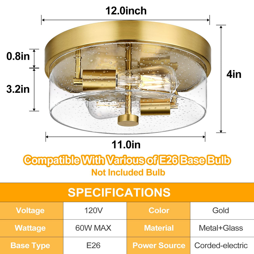 Flush Mount Ceiling Light Fixtures, 2-Light Gold Ceiling Mount for Farmhouse with Seeded Glass Lampshade, Industrial Flush Mount Light Fixture Farmhouse for Hallway, Kitchen, Entryway and Foyer