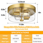 Flush Mount Ceiling Light Fixtures, 2-Light Gold Ceiling Mount for Farmhouse with Seeded Glass Lampshade, Industrial Flush Mount Light Fixture Farmhouse for Hallway, Kitchen, Entryway and Foyer