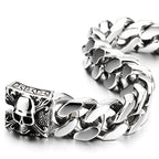 COOLSTEELANDBEYOND Men's Stainless Steel Cuban Link Curb Chain Bracelet With Skull Box Clasp, Heavy and Sturdy Biker Gothic Punk Jewelry Gift