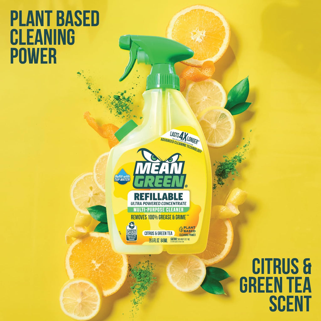 Mean Green Refillable Ultra Powered Multi-Purpose Cleaner Concentrate, Citrus & Green Tea, 14.3 fl oz (2-Pack) – Plant & Mineral Based, Cuts Through Grease & Grime, Refillable Bottle Makes 4X Refills