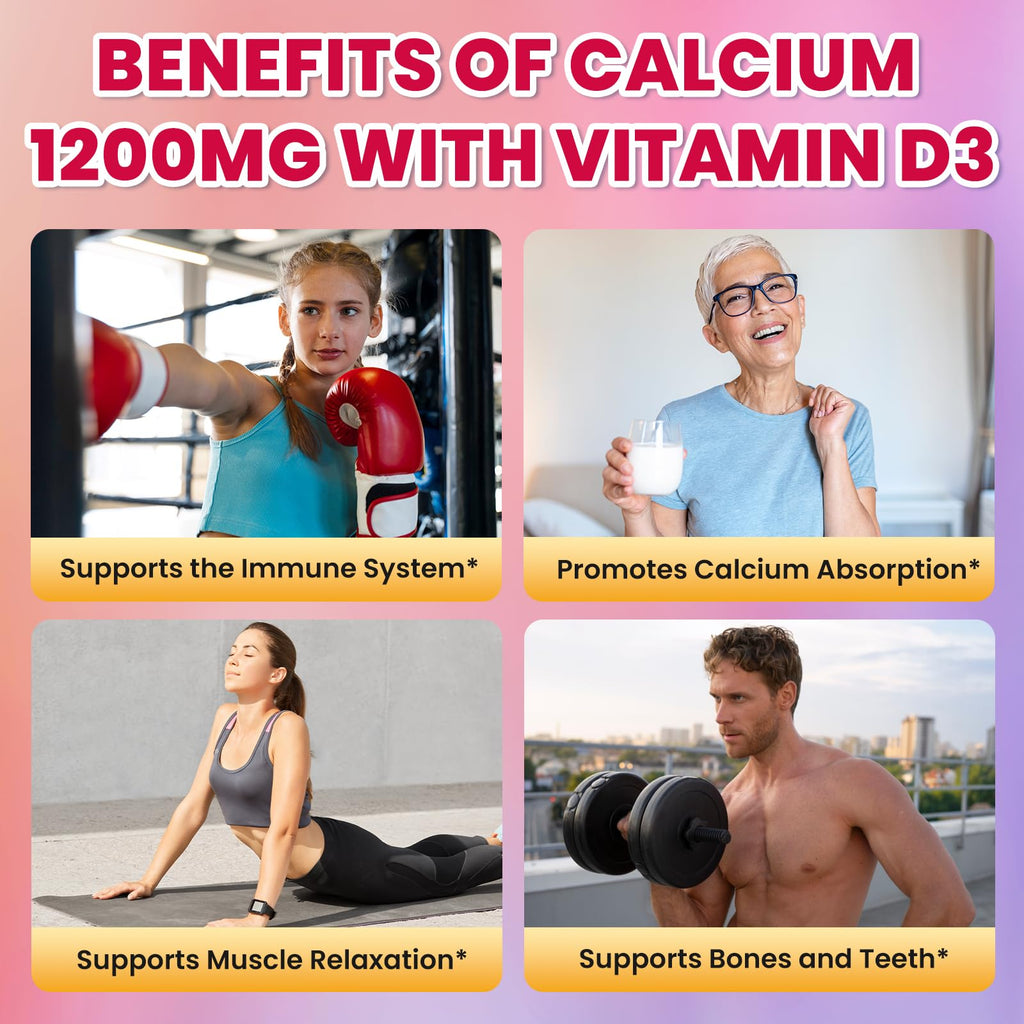 Calcium Citrate Gummies - 1200mg Calcium Gummies Supplements for Women & Men with Vitamin D3, K2, Magnesium, Zinc High Absorption for Bone, Muscle & Immune Support, Fruit Flavor, 60 Count