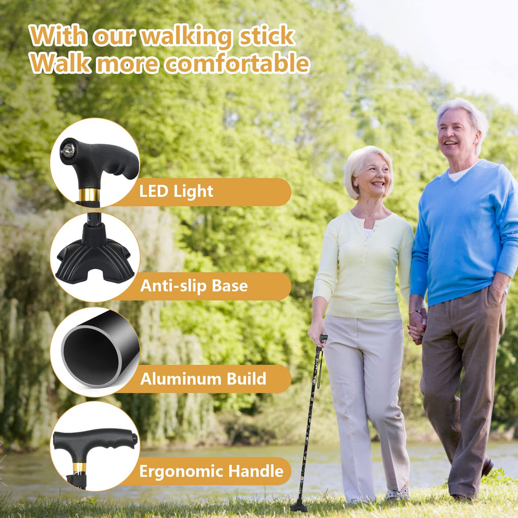 Hedkin Walking Cane with LED Light, Foldable,Adjustable, Self Standing Walking Canes for Men & Women,Walking Sticks with Quad Base for Seniors & Adults