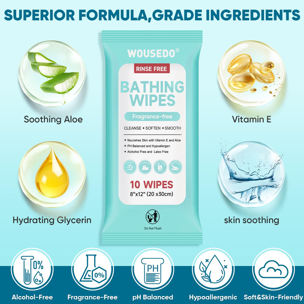 100 XL Bathing Wipes No Rinse for Adults, Shower Wipe - Extra Thick & Large Body Cleansing Wipe for Elderly, Men & Women, Soft & Gentle Disposable Bath Wipes for Travel, Camping