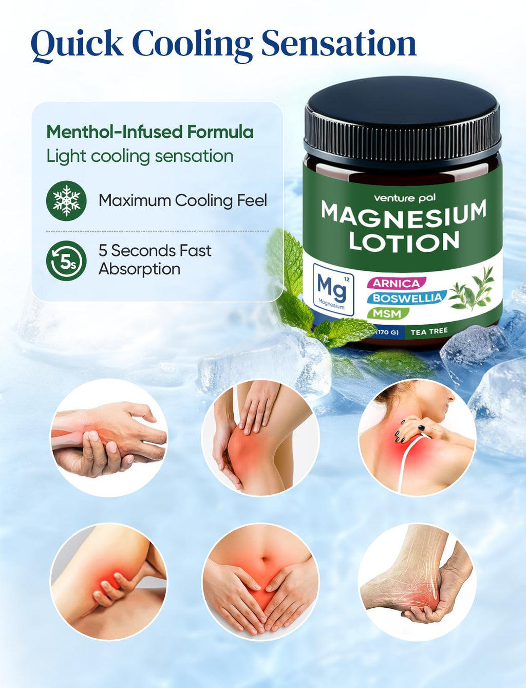 Magnesium Lotion with Arnica, MSM & Boswellia – Cooling Magnesium Cream – Lightweight Moisturizing Lotion for Legs & Feet – Safe for Kids – 6 fl oz
