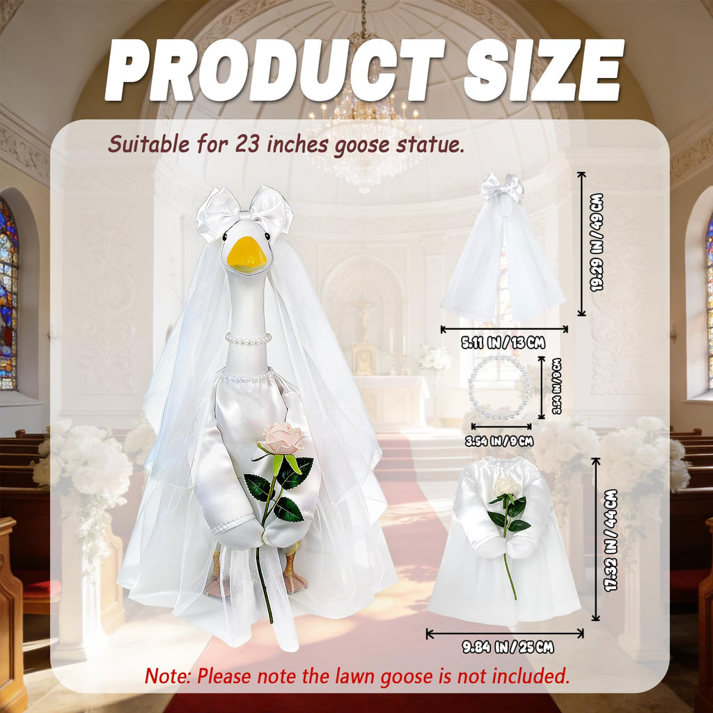 Bride Porch Goose Outfit, 3 Pcs Wedding Goose Clothes with Bow Headband, Pearl Necklace & Rose Dress, Cute Bridal Goose Costume Fits 23 Inch Lawn Statue for Yard Patio Garden Wedding Decor