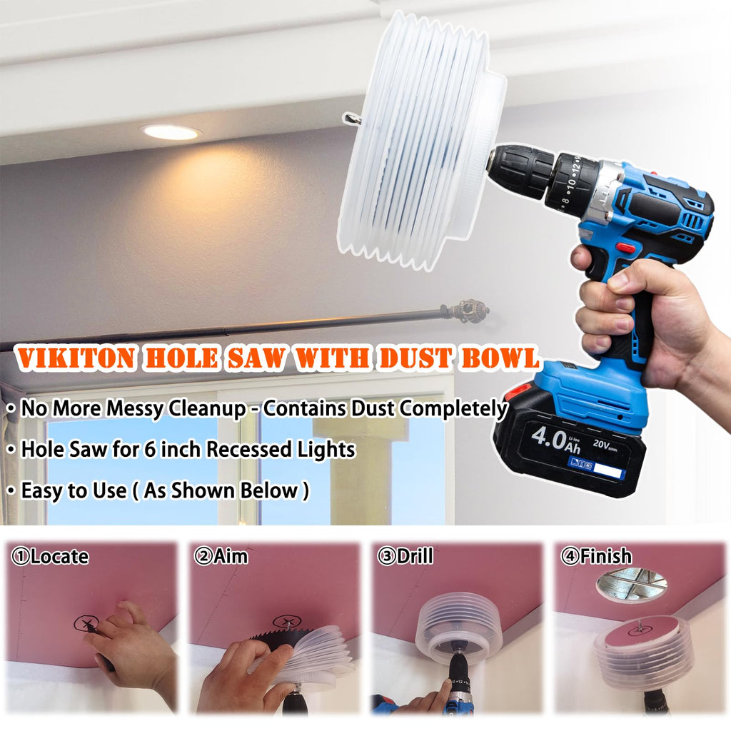 VIKITON 6-1/4 Hole Saw for Recessed Lights, 6.25 Inch Hole Cutter with Dust Bowl Catcher for Led Recessed Lighting 6 Inch and Wood Metal Drywall, Bi-Metal Construction, Black