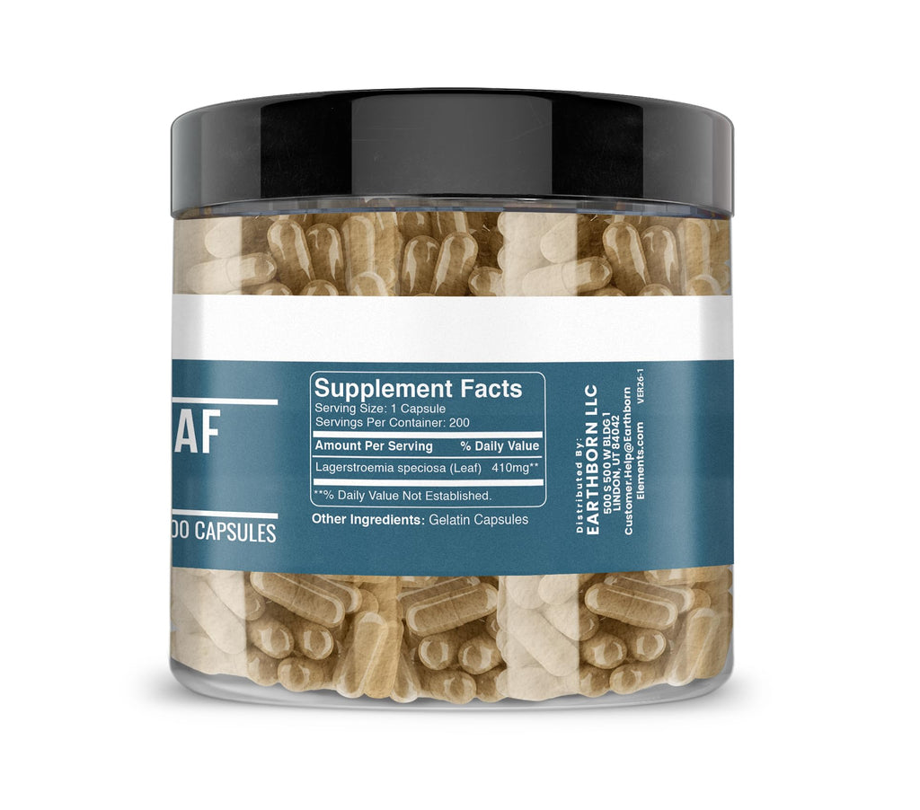 Earthborn Elements Banaba Leaf Extract 200 Capsules, Pure & Undiluted, No Additives