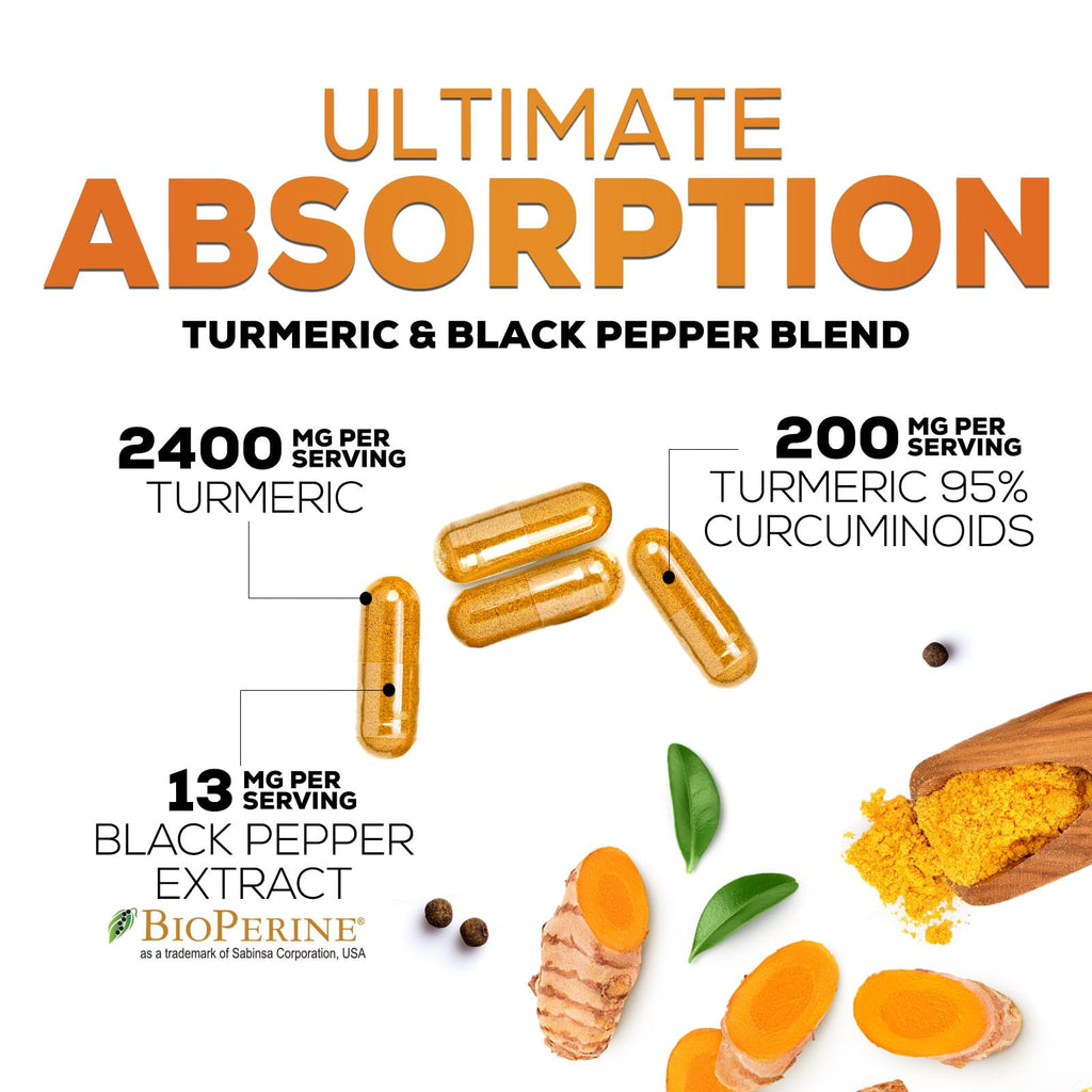 Turmeric Curcumin Supplement - 2400mg Organic Turmeric Per Serving - 95% Curcuminoids & BioPerine Black Pepper Extract for Best Absorption - Natural Vegan Joint Support, Bottled in USA - 120 Capsules