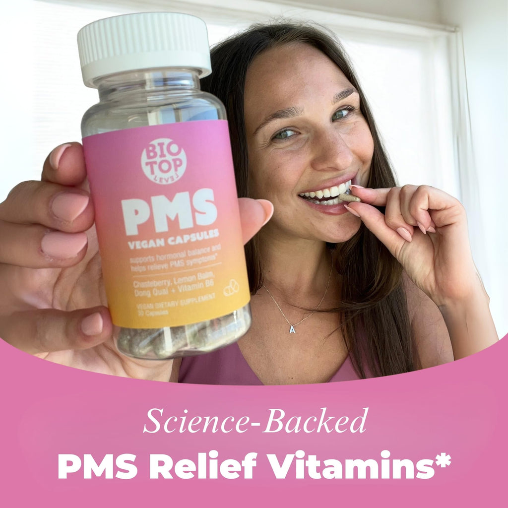 BIOTOPLEVEL PMS Support Supplement for Women & PMS Relief, Hormone Balance & Menstrual Period Relief for Cramps, Bloating & Mood Swings with Chasteberry, Vitamin B6, Lemon Balm, Dong Quai, 30 Count