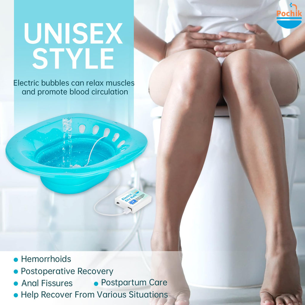 Pochik Sitz Bath, Electric Sitz Bath for Hemorrhoids, Sitz Bath for Toilet Seat, Postpartum Care, Automatic Flushing, Sits Bath Kit for Women, Unisex Sitz Bath Seat for Soak, Collapsible, Deeper Bowl