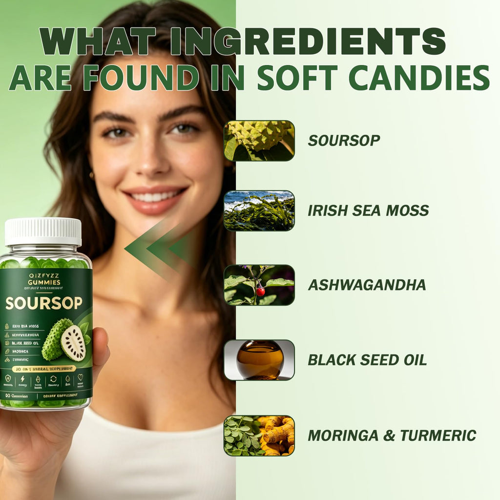 Bexelora Qizfyzz Soursop Gummies – Herbal Daily Supplement with Soursop Leaf, Sea Moss, Ashwagandha, Black Seed, Moringa & Turmeric – Non-GMO, Immune Support & Wellness – 60 Gummies