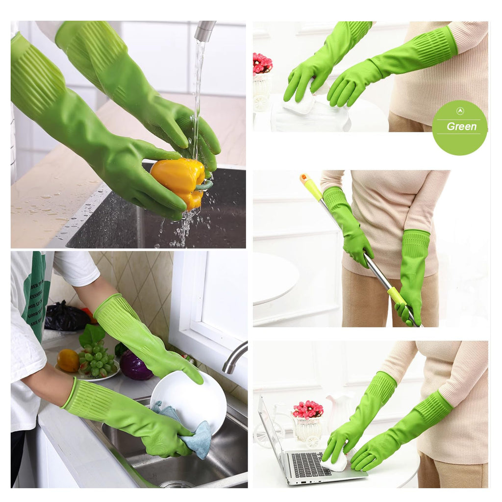 Bamllum 3 Pairs of Rubber Dishwashing Gloves for Kitchen and Household Cleaning – Long Cuff 15", Reusable, Flexible Long-lasting and Non-Slip (Red+Yellow+Green, Large) (Pack of 2)