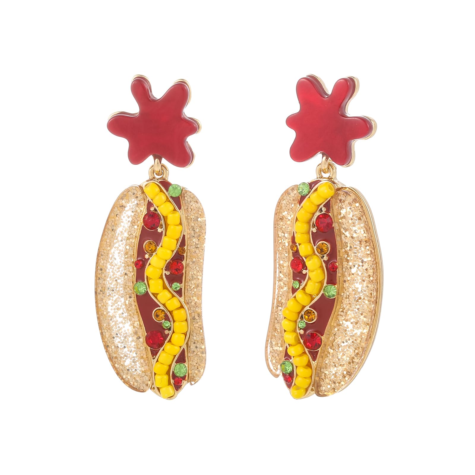 Madison Tyler Hot Dog Dangle Earrings Ketchup Splash Funny Food Jewelry