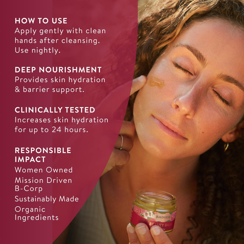Badger Rose Beauty Balm, 100% Organic Nourishing Treatment For Face, Neck & Hands w/Pure Rose Essential Oil, Intensive Long Lasting Face Moisturizer for Women & Men, 1 oz Glass Jar