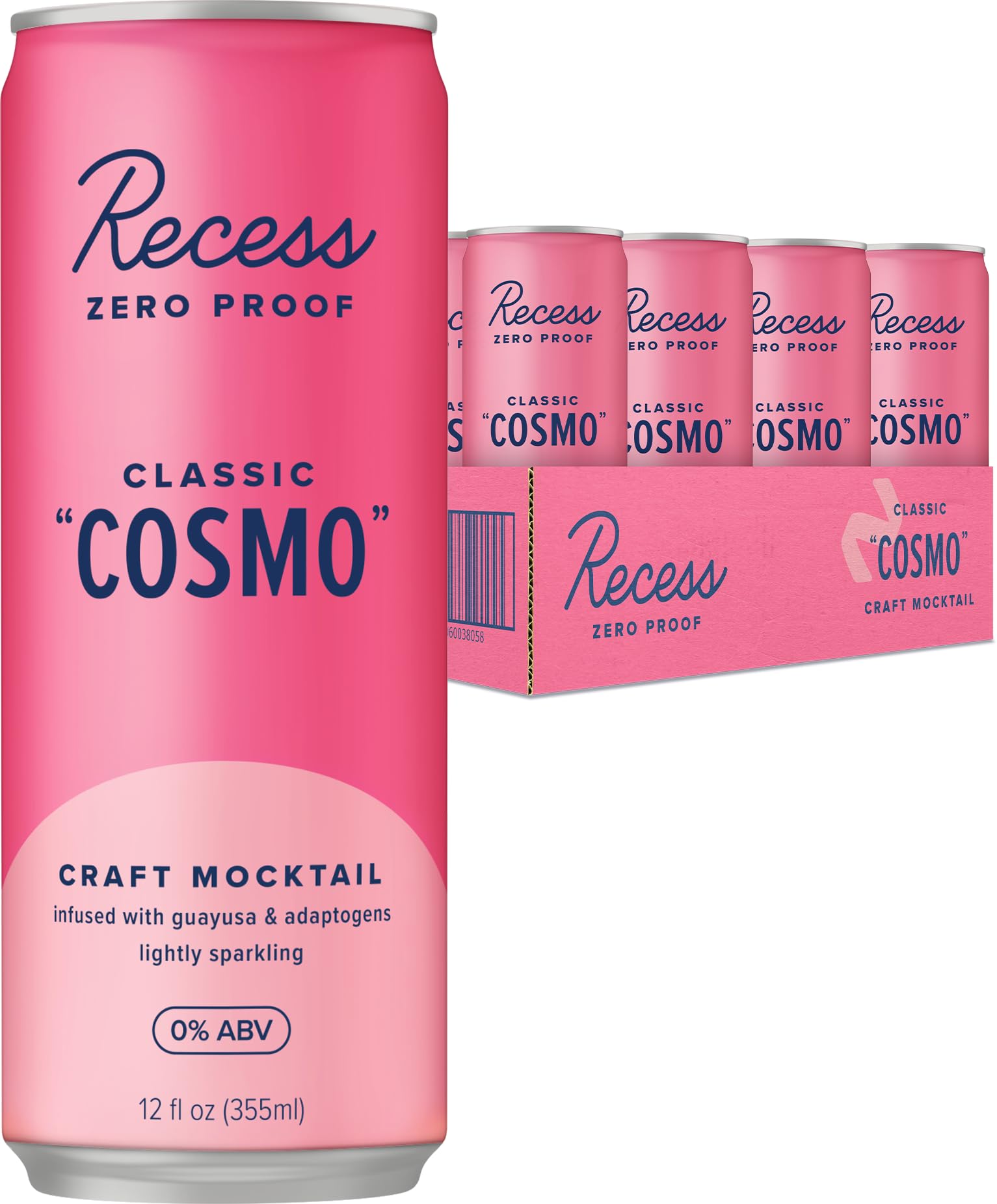 Recess Zero Proof Craft Mocktails, Alcohol Free Drinks, With Adaptogens, Non-Alcoholic Beverage Replacement, Mixer, Celebration, Party, (Classic Cosmo, 12oz, Pack of 12)