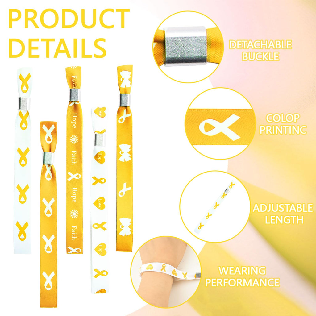 WANDIC 30 Pcs Gold Ribbon Bracelets, 5 Style Polyester Single Side Adjustable Childhood Cancer Awareness Support Wristband for Event Fundraising, 6.89 * 0.59 * 0.07, no Gemstone