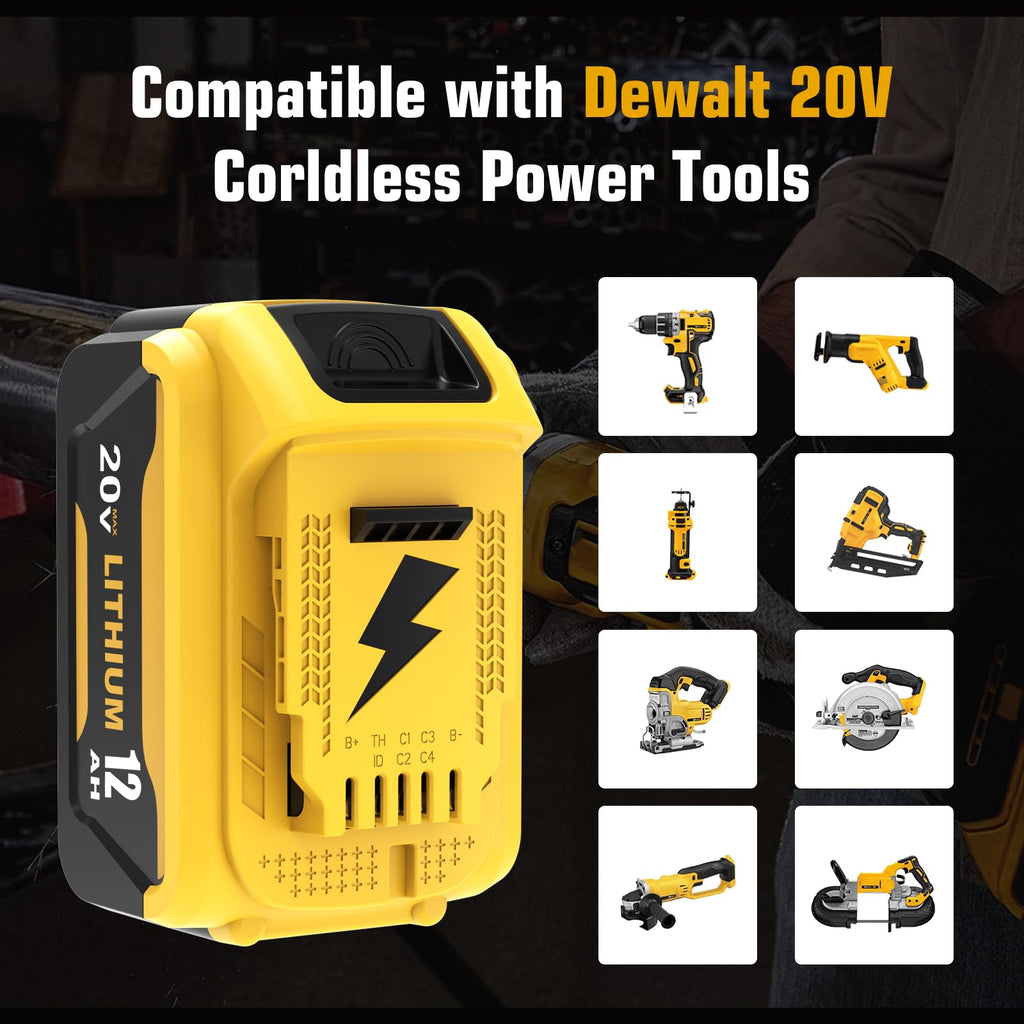 Ibanti 2 Packs 12000mAh 20 Volt Lithium ion DCB208 Battery and DCB107 Charger Compatible with Dewalt 20V Max Battery DCB207 DCB206 DCB204 DCB203 DCB200 DCB201 DCD/DCF/DCG/DCS Cordless Power Tools