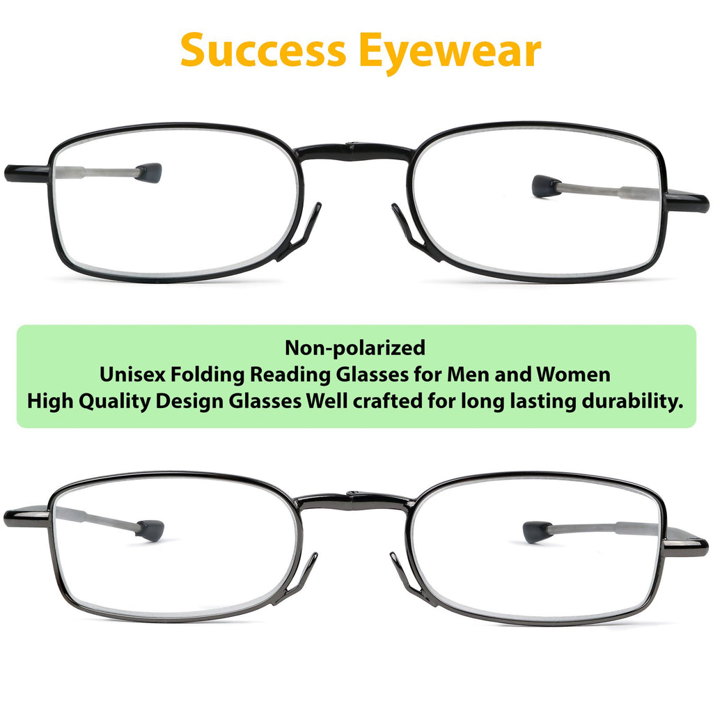 Success Eyewear Reading Glasses 2 Pair Black and Gunmetal Readers Compact Folding Glasses for Reading for Men and Women Case Included Bundle: Set of Black and Gunmetal With 2 Cases 1.5