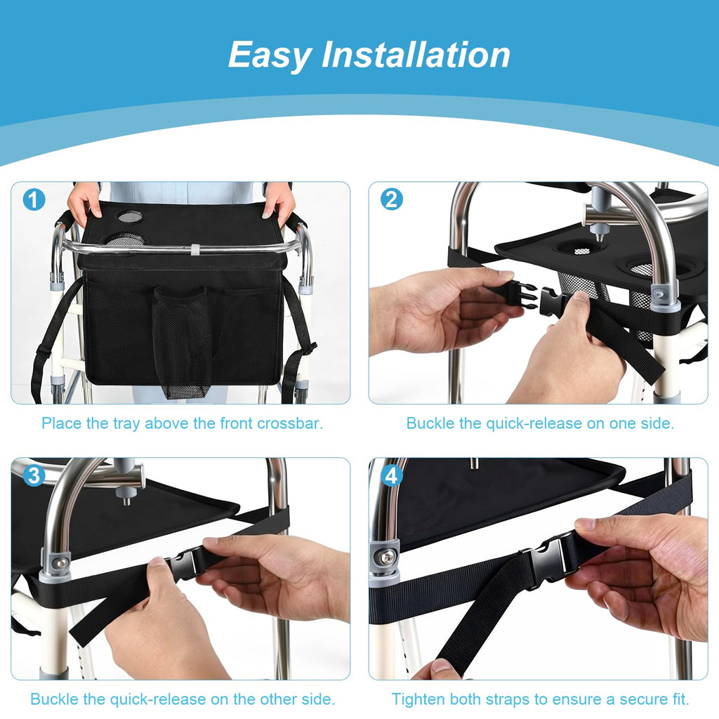 Cejiuga Walker Tray for Folding Walker, Premium Tray for Walker for Seniors with Cup Holder, Walker Trays for Rolling Folding Walker, Walker Accessories for Seniors (Black)