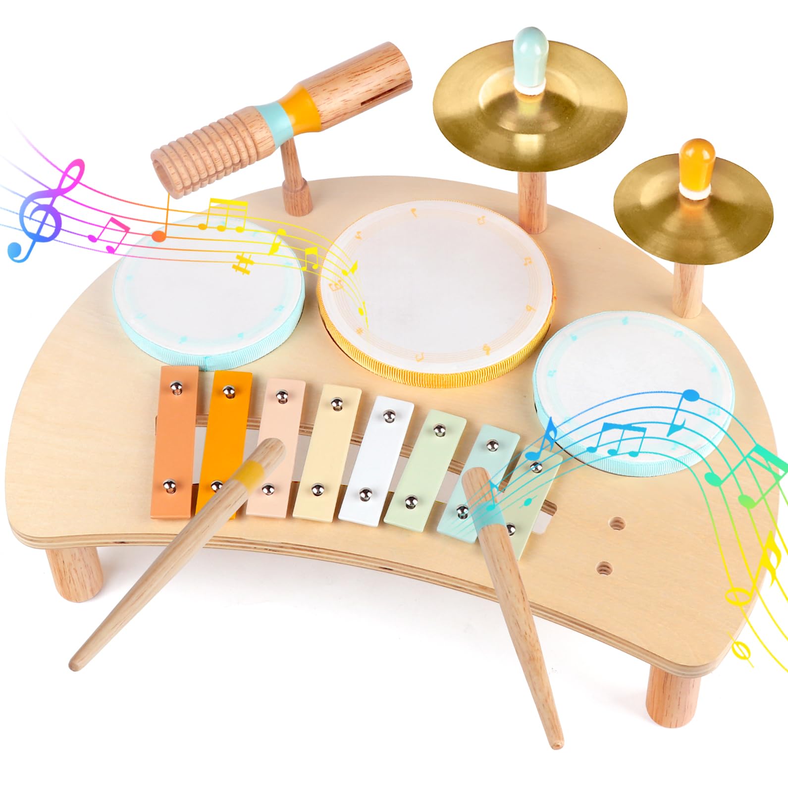 Kids Drum Set, Montessori Musical Instruments for Toddlers 1-3, Wooden Musical Toys for Baby 12-18 Months, Preschool Educational Xylophone Drum Kit, Birthday Gift for Boys Girls Ages 3+