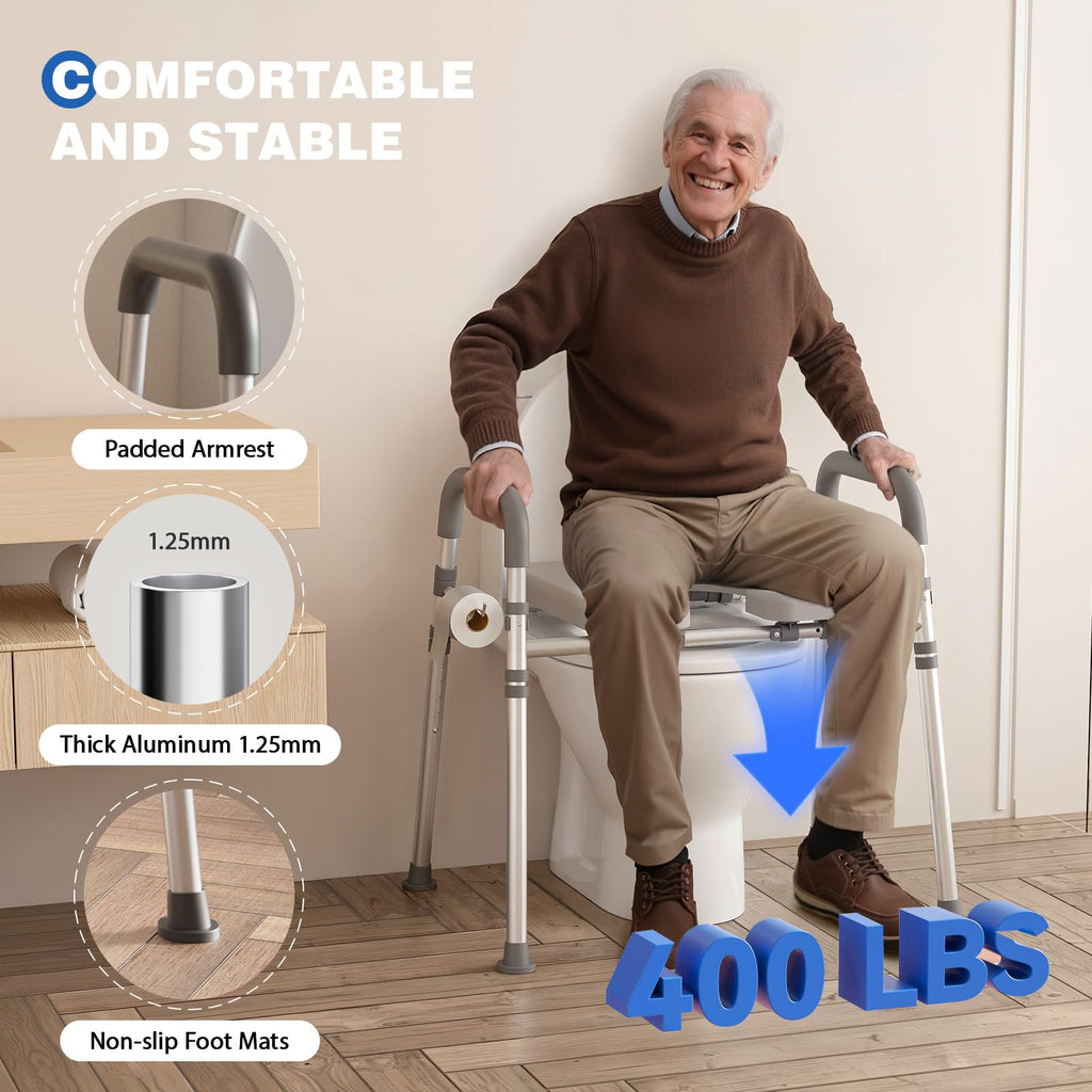Loyoda Toilet Seat Risers for Seniors, Raised Toilet Seat with Padded Handles & Seat, 400 LBS Raised Toilet Seat with Adjustable Height & Width for Pregnant, Disabled, Handicapped,(Gray)