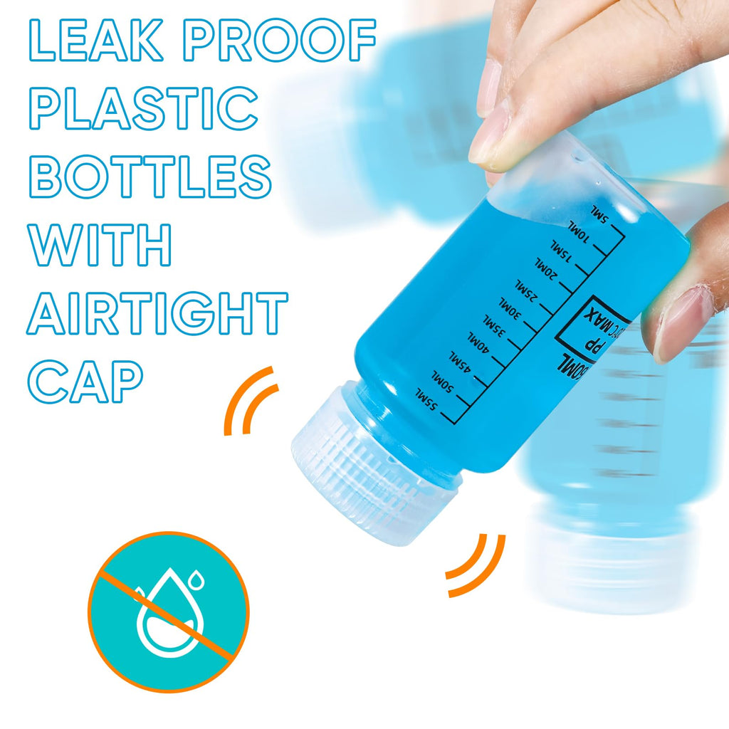 DEMORA Plastic Bottles with Airtight Caps 2oz/60ml, Food Grade Wide Mouth Liquid Containers, Reusable PP Graduated Measuring Bottles for Water Sample Lab Reagent Liquids Mixing (Clear, 4 Pcs)