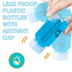 DEMORA Plastic Bottles with Airtight Caps 2oz/60ml, Food Grade Wide Mouth Liquid Containers, Reusable PP Graduated Measuring Bottles for Water Sample Lab Reagent Liquids Mixing (Clear, 4 Pcs)