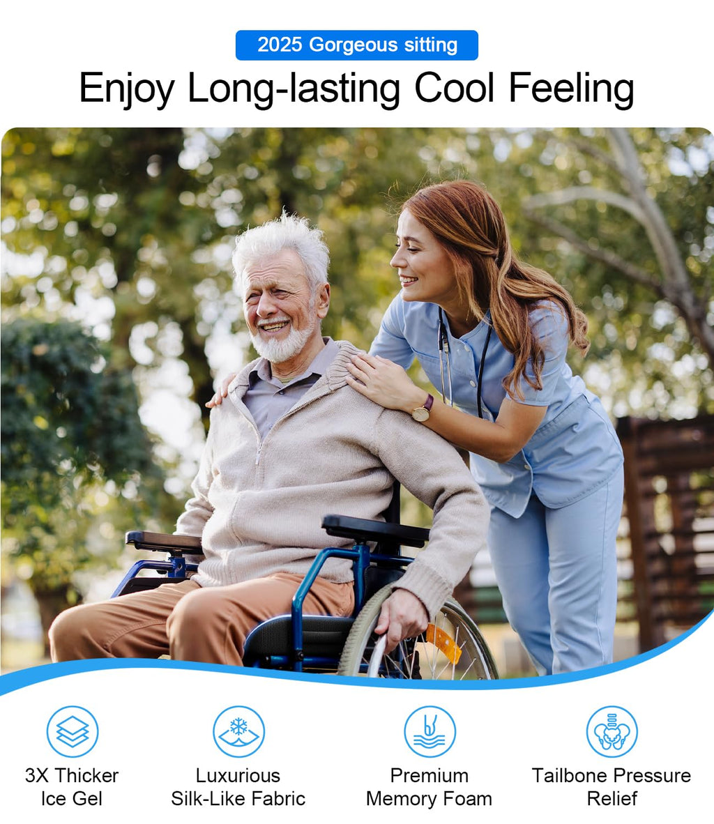 Wheelchair Seat Cushions Cooling, Ergonomic Seat Cushion, Waterproof Silk Fabric, Memory Foam Cooling Gel Office Chair Cushion for Hip Support, Relieve Sciatica, Back, Coccyx, Pressure Sore