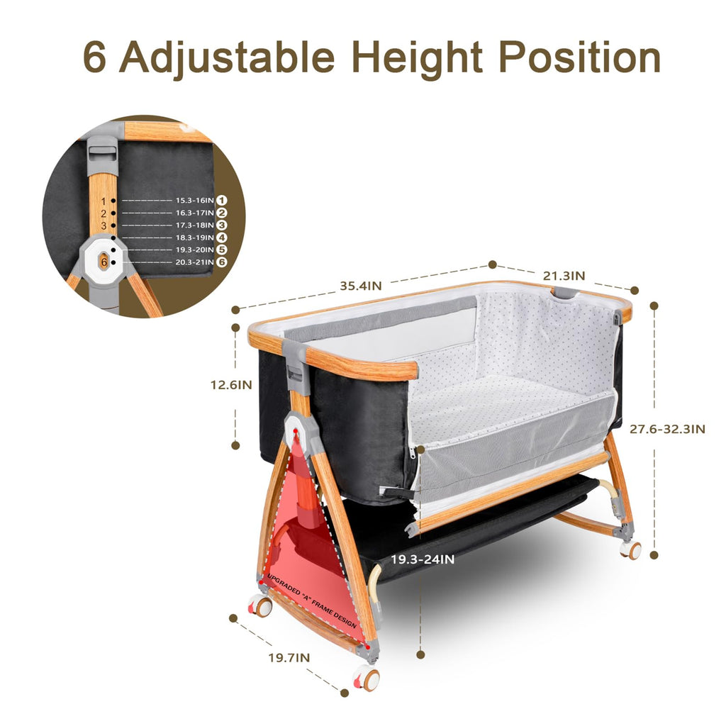 Komcot High Chair, Bedside Bassinet for Baby, 6 Height Adjustable Baby Bed, 3 in 1 Bassinet Bedside Sleeper with Wheels, Mosquito Net, Portable Bedside Crib for Infant/Baby/Newborn