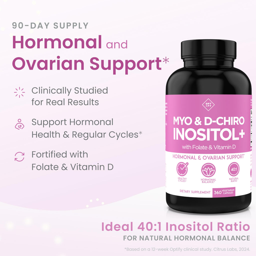 Optify Myo-Inositol & D-Chiro Inositol Supplement for Women | 40:1 Ratio Plus Folate and Vitamin D | Support Healthy Hormonal Balance, Regular Cycles, & Ovarian Health (360 Count (Pack of 1))