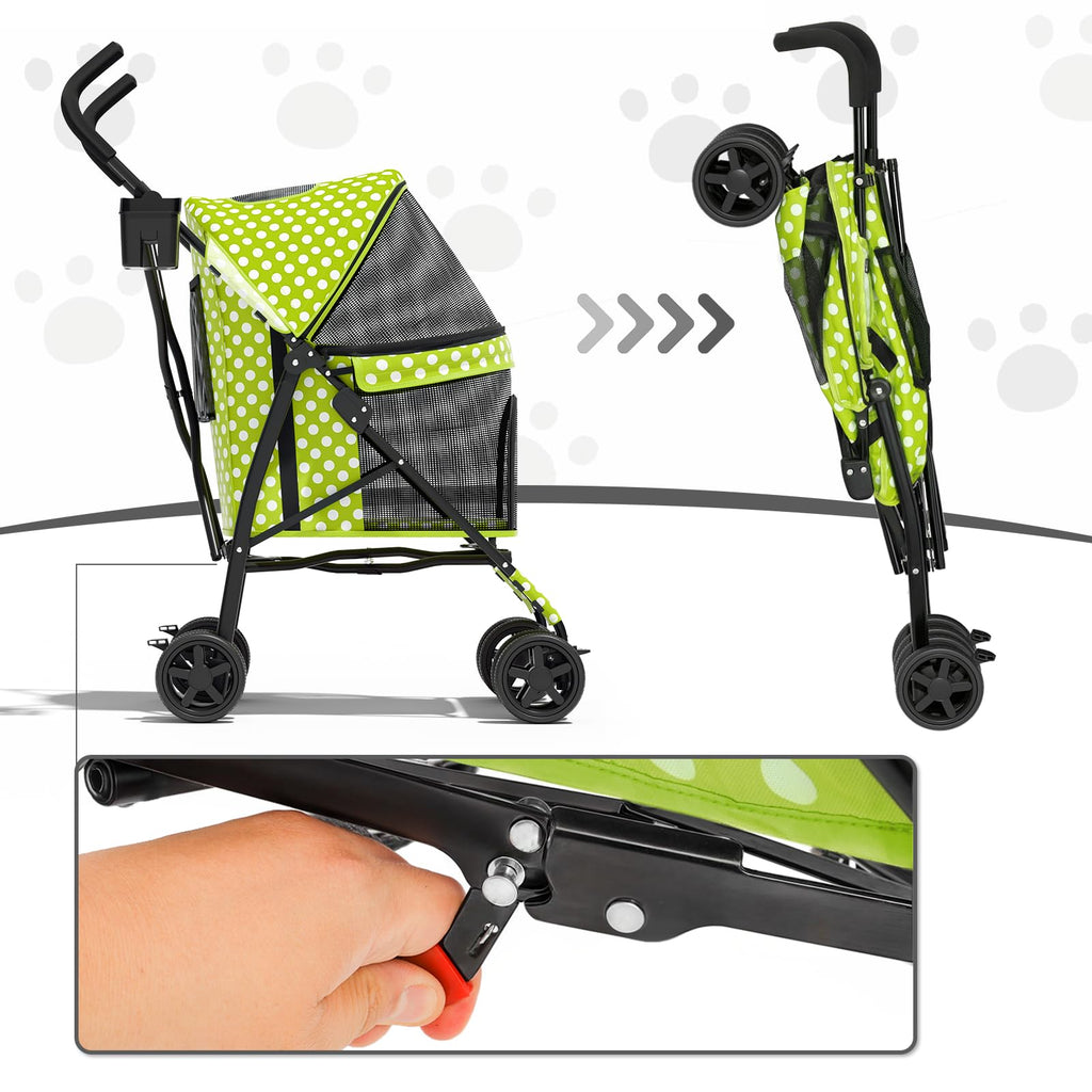 MoNiBloom 4 Wheels Pet Stroller, Easy-Fold Umbrella Shaped Dog Cat Jogger Stroller w/Storage Bag & Visible Mesh for Small/Medium Dogs Cats Lawn Green Polka Dots