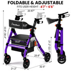 BlessReach Heavy-Duty Aluminum Rolling Walker - Foldable Rollator Walkers with Seat for Seniors, 450 lb Capacity, 8'' Wheels, 18" Big Seat, 6-Position Adjustable Height(Purple)