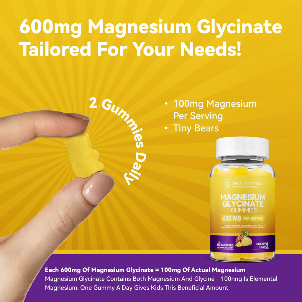 Magnesium Glycinate Gummies 600mg, Non-GMO, Gluten-Free, Magnesium Gummies for Adults & Kids, Sleep, Relaxation & Focus, Pineapple Flavor, 60 Count