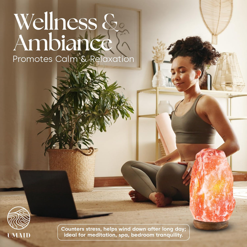 UMAID Himalayan Salt Lamp 8–10" (7–11 lb) Dimmable Pink Rock Salt Lamp with Wooden Base & Night Light Bulb, Spa Home Decor Lamp for Bedroom, Office Desk & Meditation Room, Unique Gifts for Men & Women