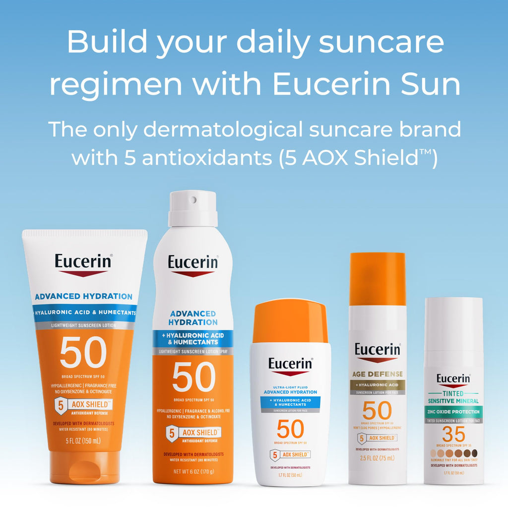 Eucerin Sun Age Defense SPF 50 Face Sunscreen Lotion with Hyaluronic Acid, Hypoallergenic, Non-Comedogenic Sunscreen SPF 50 Free of Fragrance, Oxybenzone and Octinoxate, 2.5 Fl Oz Bottle