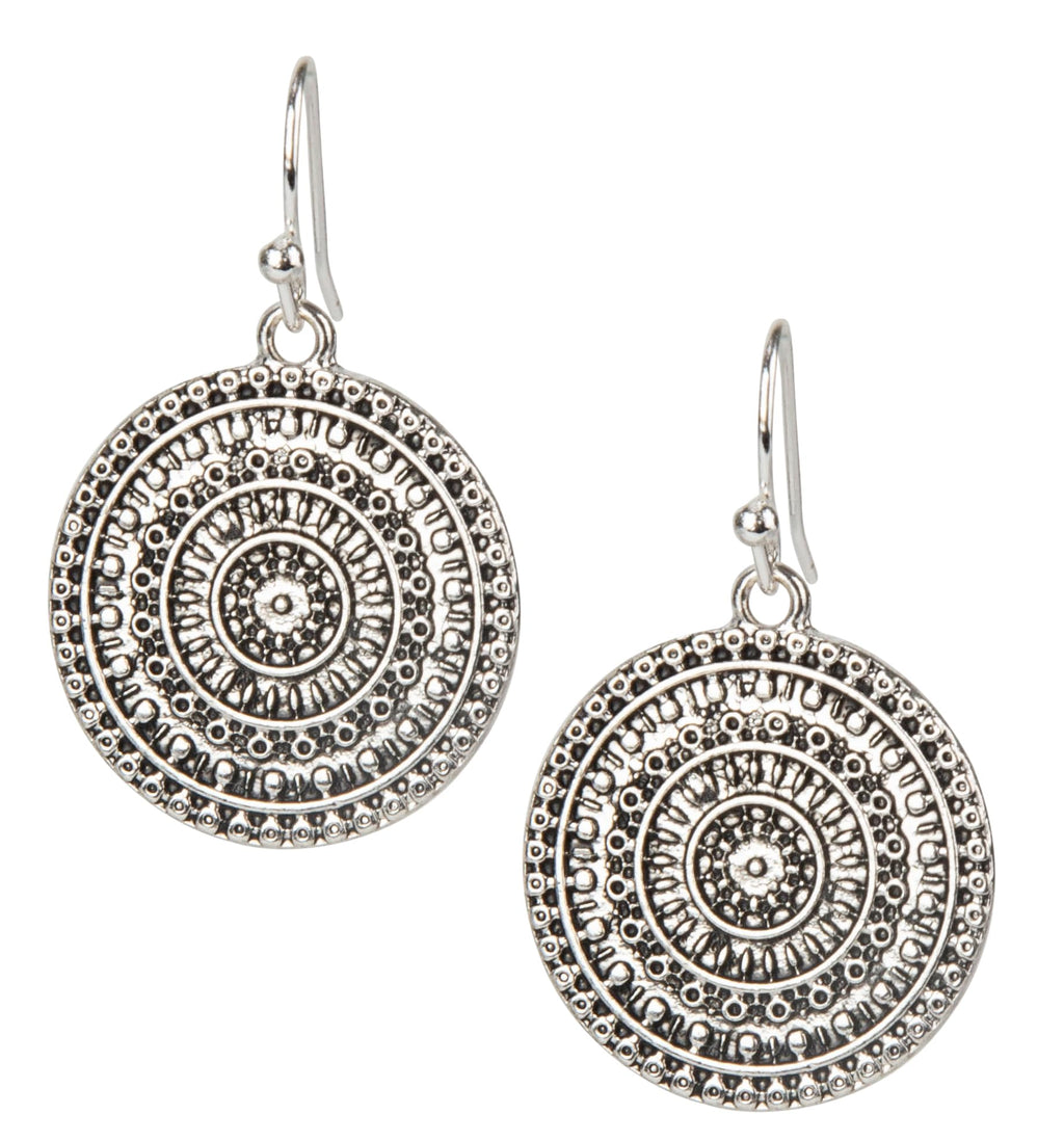 Boho Silver Medallion Drop Earrings for Women – Lightweight Hammered Disc Dangle Earrings with Tribal Mandala Design – Fashion Jewelry Gift for Free Spirits (Silver with Hook)