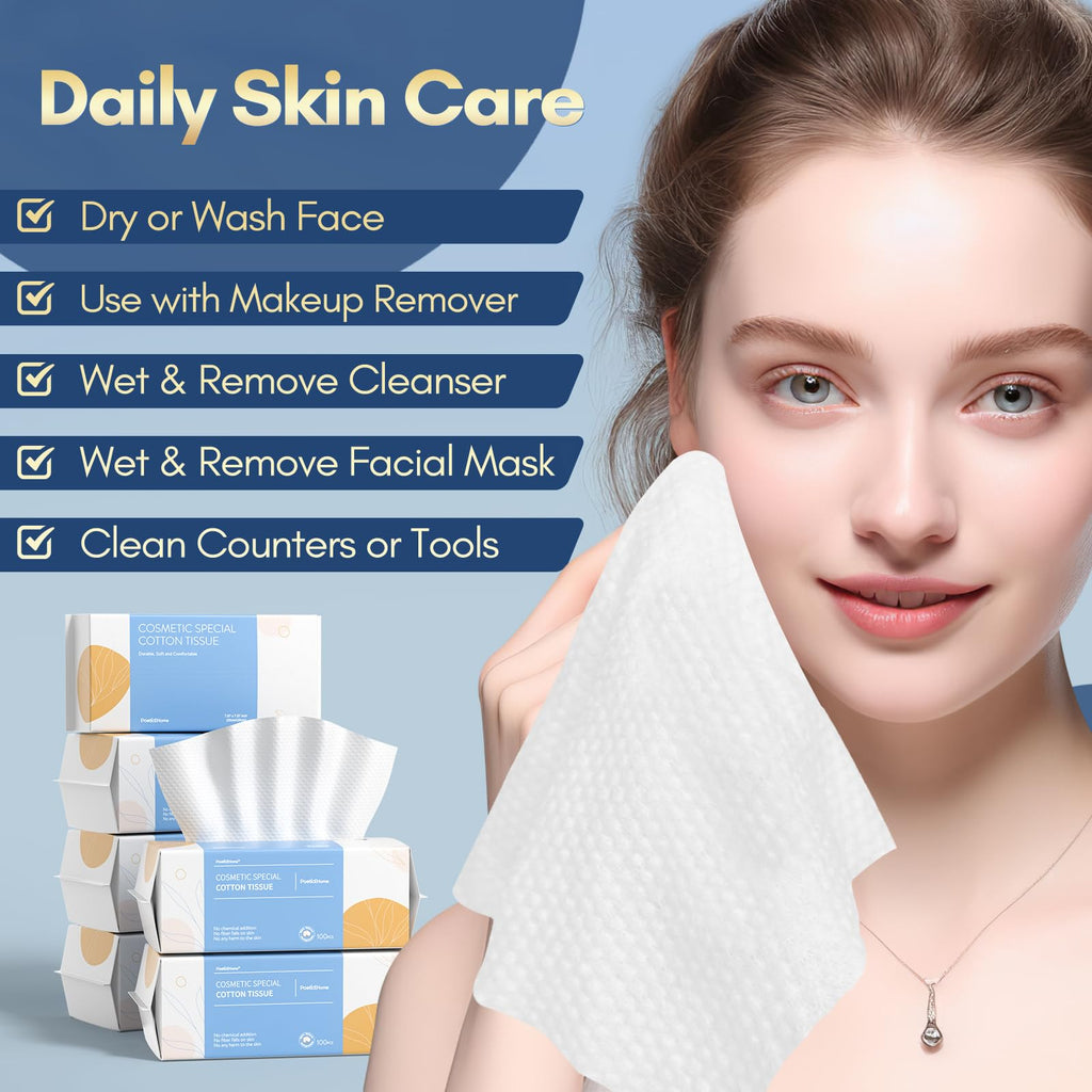 PoeticEHome Soft Dry Wipe 3 Pack, Cotton Tissue Face Towel, Disposable Facial Cleansing Cloths, Dry Wet Use for Sensitive Skin, Makeup Removing, Surface Cleaning (300 Count)