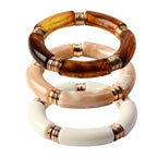 GOOJIDS Simple Beaded Gold Plated Bangles Bracelet Chunky Bamboo Tube Curved Stacking Acrylic Colorful Beads Stretchable Gold Plated Bracelets Set For Women